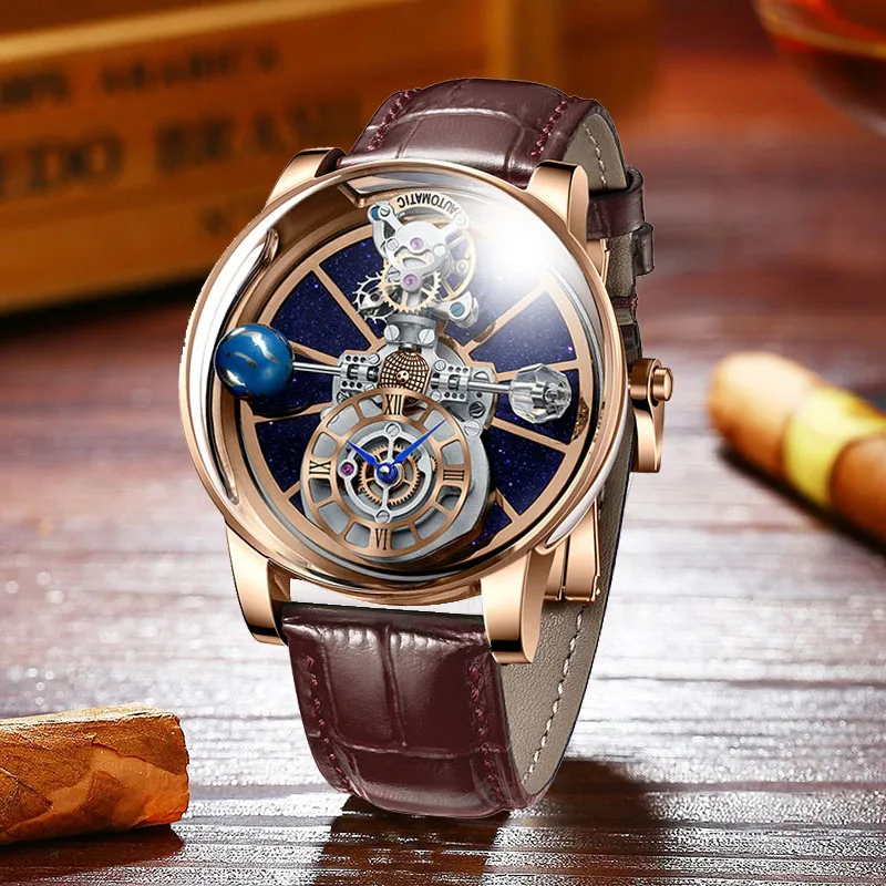 PINDU Design Men Watches Celestial Series Curved Mirror Transparent Design Roman Numeral Scale Waterproof Leather Watch for Men - Image 2