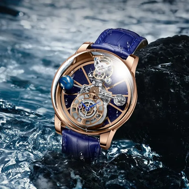 PINDU Design Men Watches Celestial Series Curved Mirror Transparent Design Roman Numeral Scale Waterproof Leather Watch for Men - Image 5