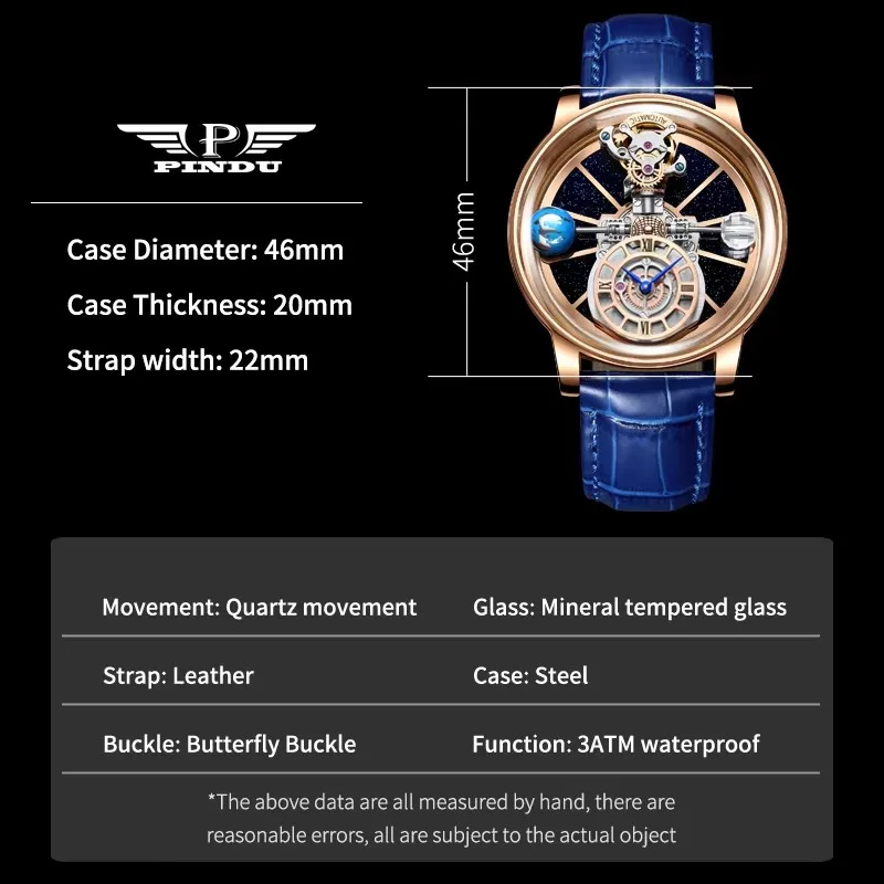 PINDU Design Men Watches Celestial Series Curved Mirror Transparent Design Roman Numeral Scale Waterproof Leather Watch for Men - Image 6
